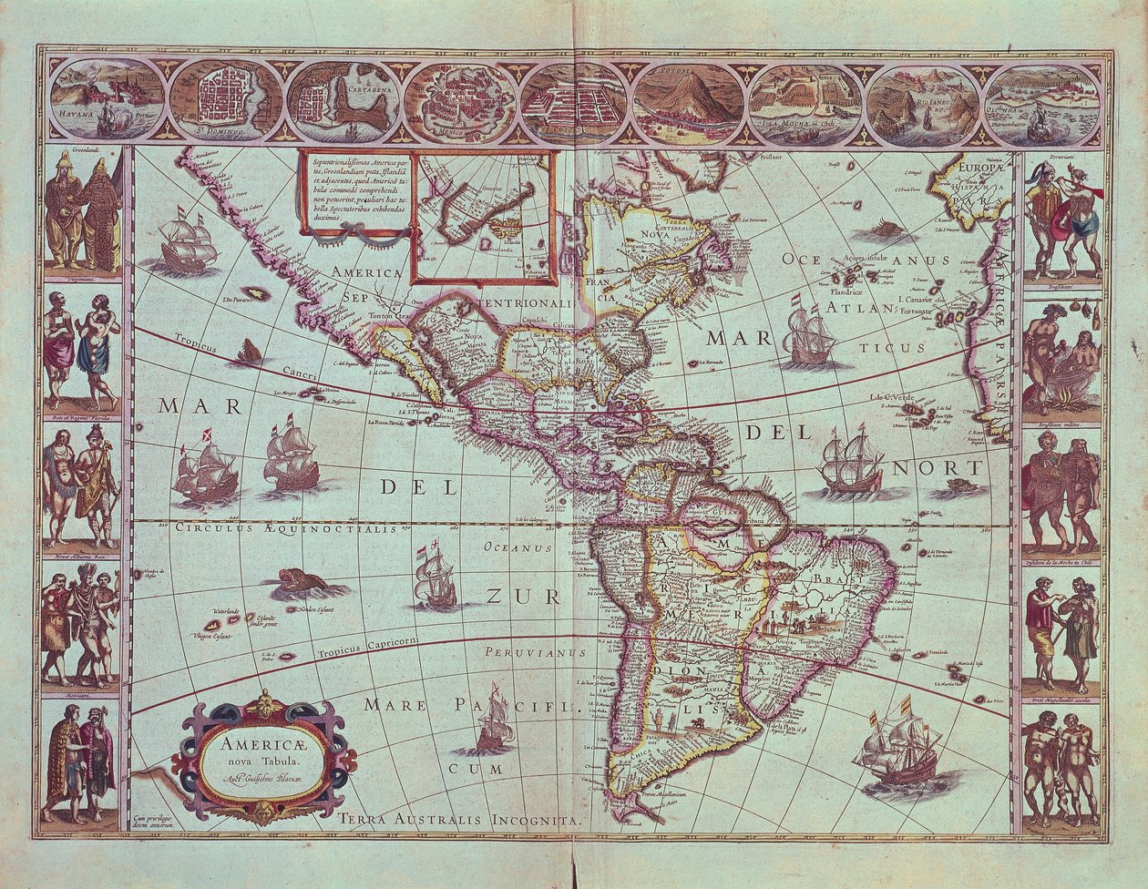Skylt som föreställer kartan över Sydamerika av Willem Blaeu