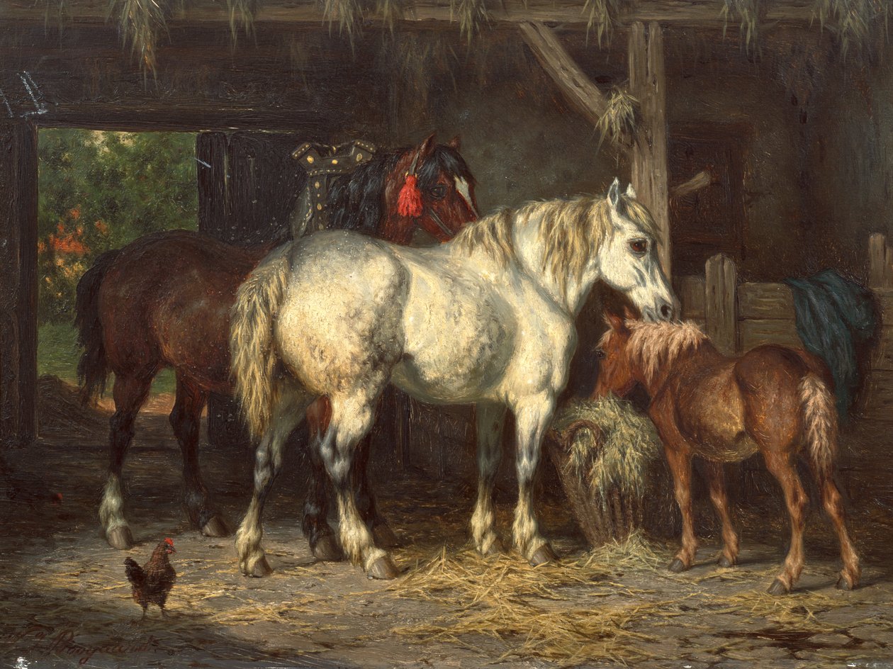 Hästar i stall (målning) av Willem Jacobus Boogaard