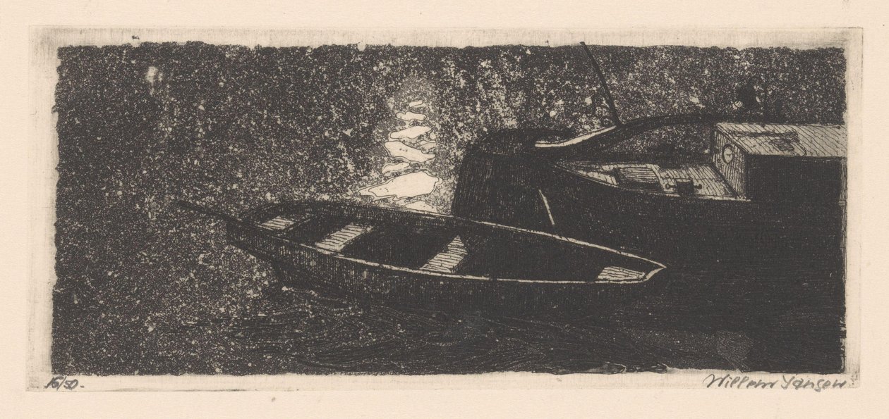 Akter och roddbåt av Willem Jansen (graveur) (signed by artist)