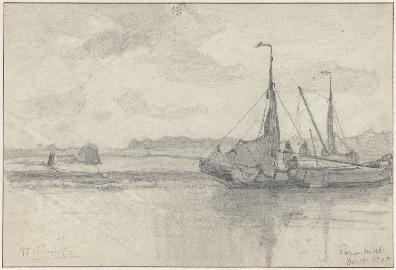 Fiskebåtar i ett landskap i Papendrecht av Willem Roelofs (I)
