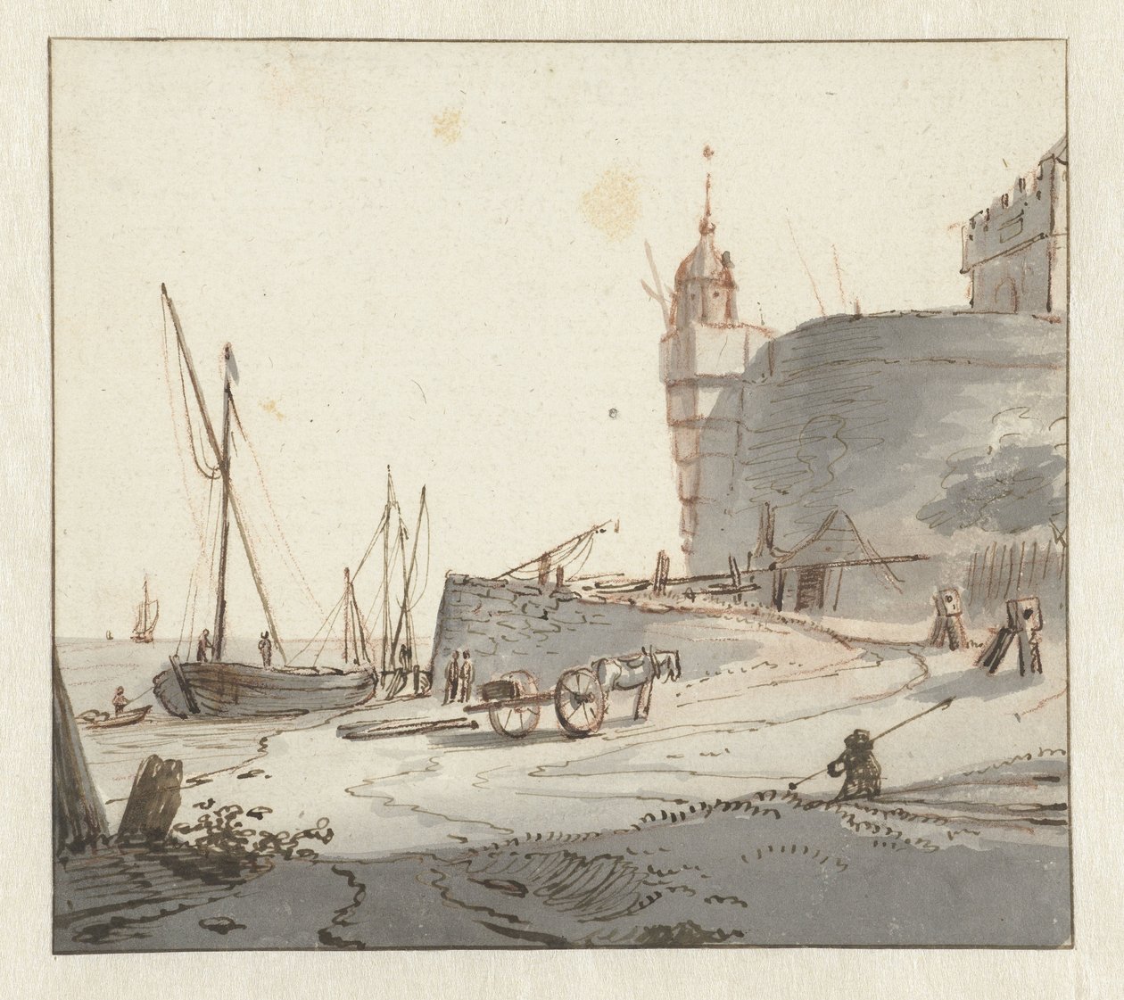 Utsikt över en hamn nära en stadsmur av Willem Schellinks