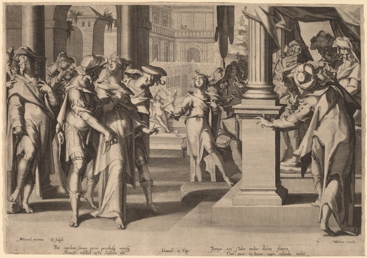 Suzannah före Daniel av Willem Swanenburgh, after Joachim Anthonisz Wtewael