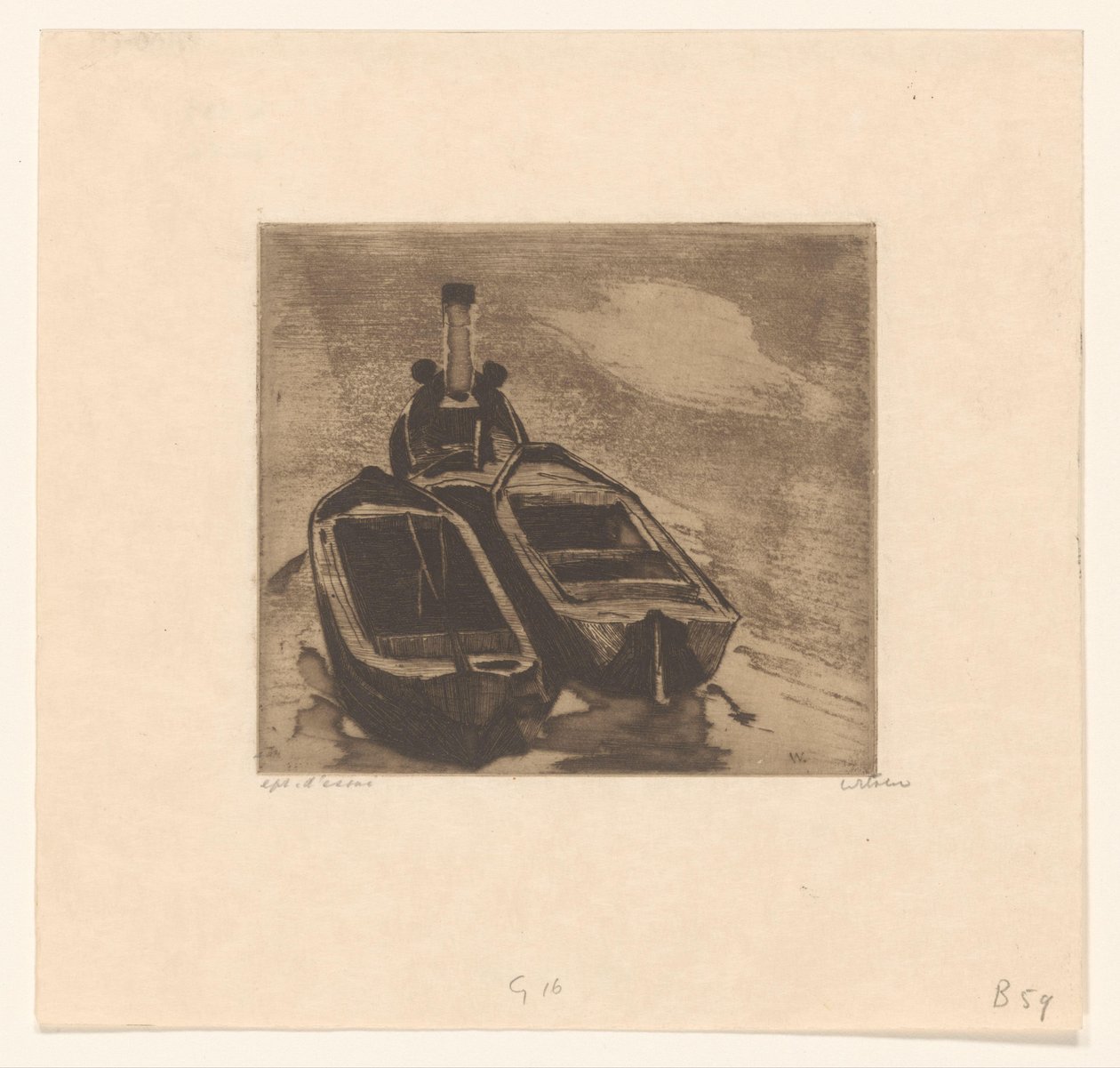 Bogserbåt med två pråmar av Willem Witsen (signed by artist)