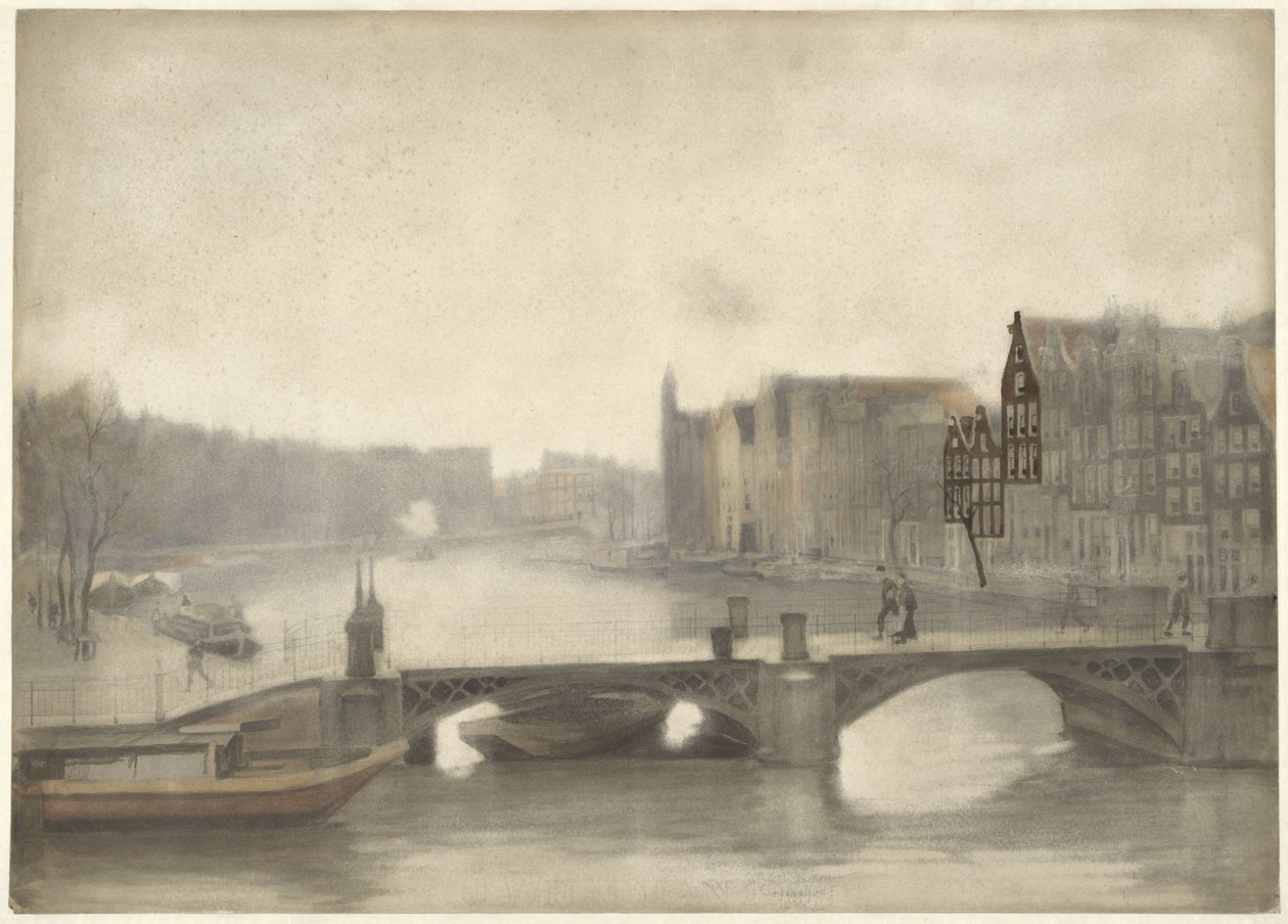 Utsikt över Binnen-Amstel i dimman av Willem Arnoldus Witsen