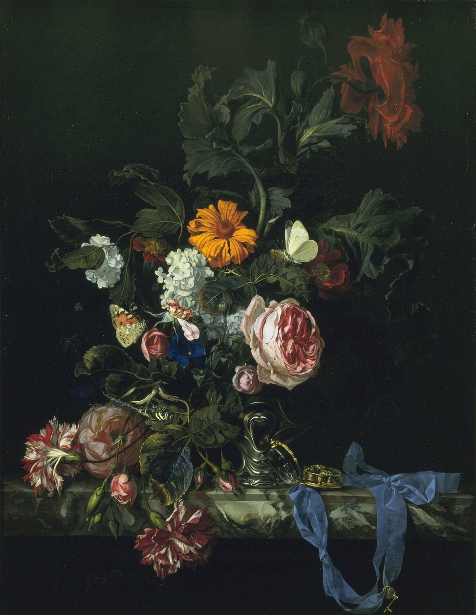 Blomsterstilleben med en klocka av Willem van Aelst
