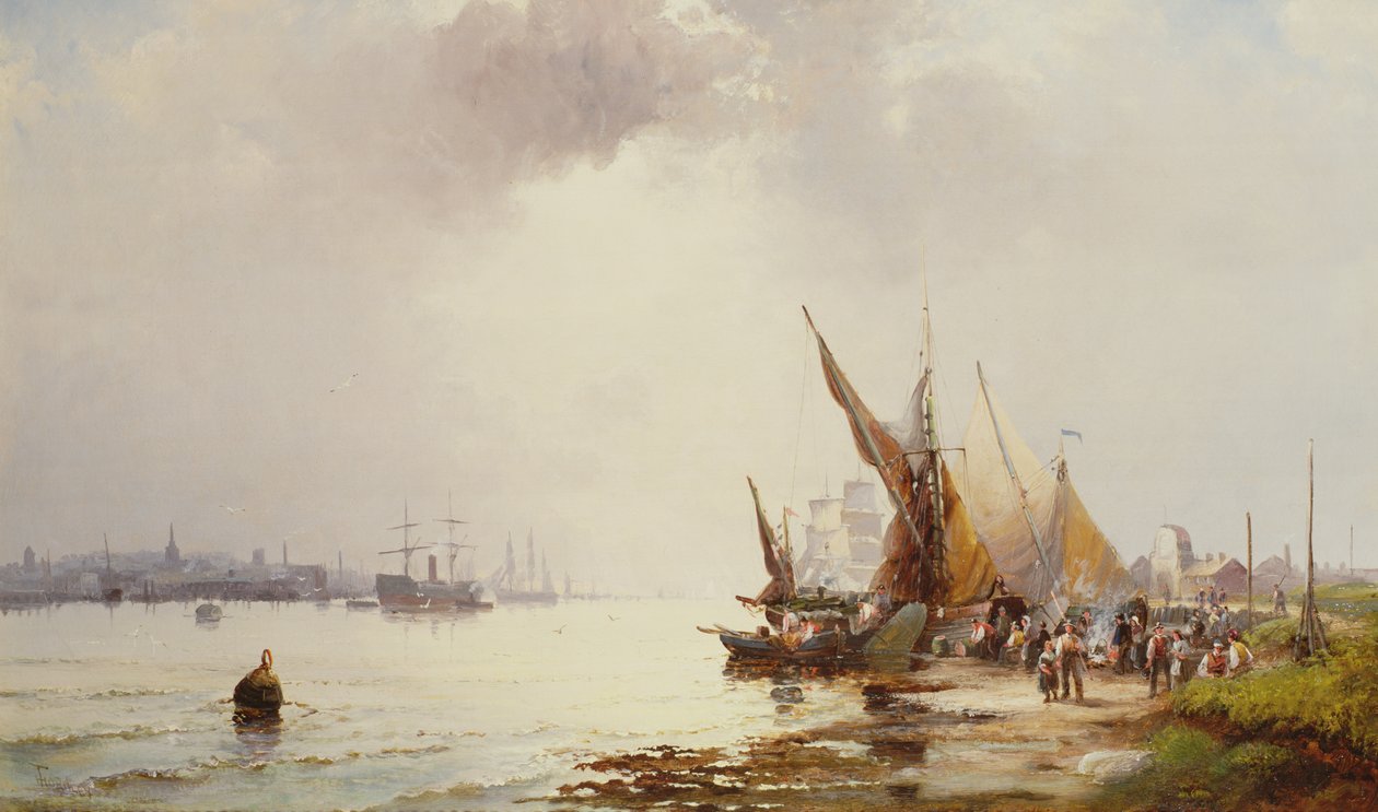 Fiskare på stranden i en lugn mynning vid gryningen, 1800-talet av William Anslow Thornley