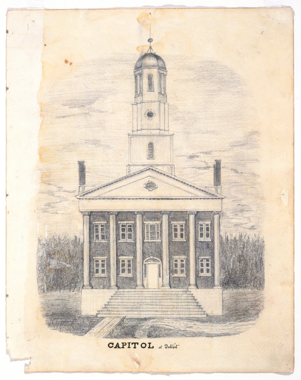 Capitol i Detroit 1837, ca 1837 (grafitpenna på vävd penna) av William Asa Raymond