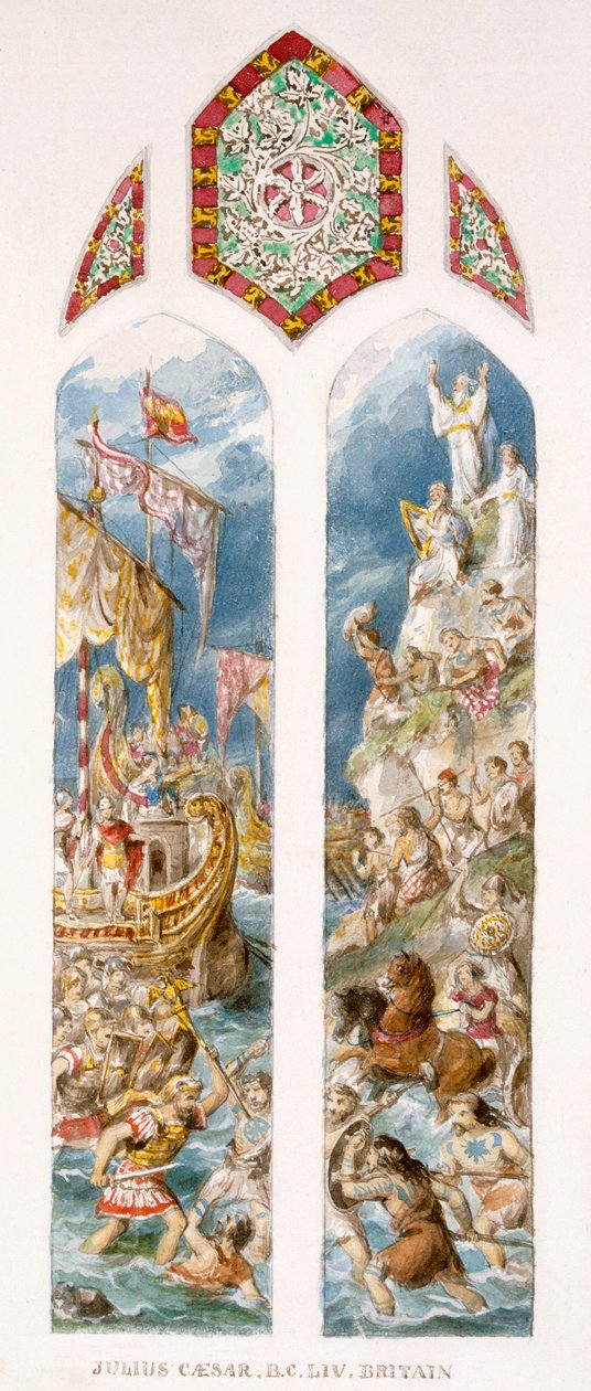 Julius Caesar anländer till Storbritanniens stränder, 54 f.Kr., i trimarener, attackeras av britter målade i trä, ca 1880 av William Bell and Boyd, Alice Scott