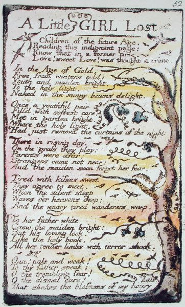 A Little Girl Lost, plåt 52 (Bentley 51) från Songs of Innocence and of Experience (Bentley Copy L) 1789-94 (upphöjd etsning med penna och wc) av William Blake