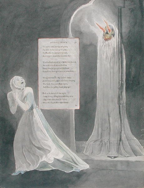 Design 31 for A Long Story in The Poems of Thomas Gray, publicerad 1797-98 (wc med penna och bläck på papper) av William Blake