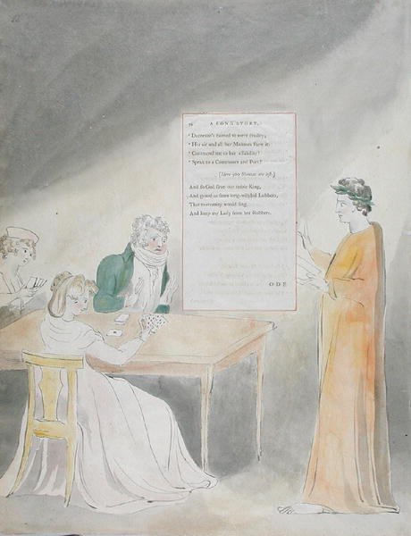 Design 34 for A Long Story in The Poems of Thomas Gray, publicerad 1797-98 (wc med penna och bläck på papper) av William Blake