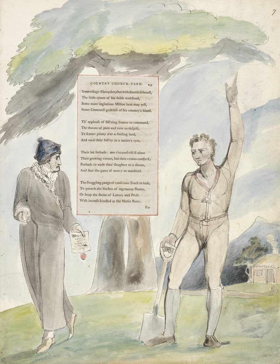Elegi skriven i en lantlig kyrkgård, design 111 från The Poems of Thomas Gray, 1797-98 (wc med penna och bläck på papper) av William Blake