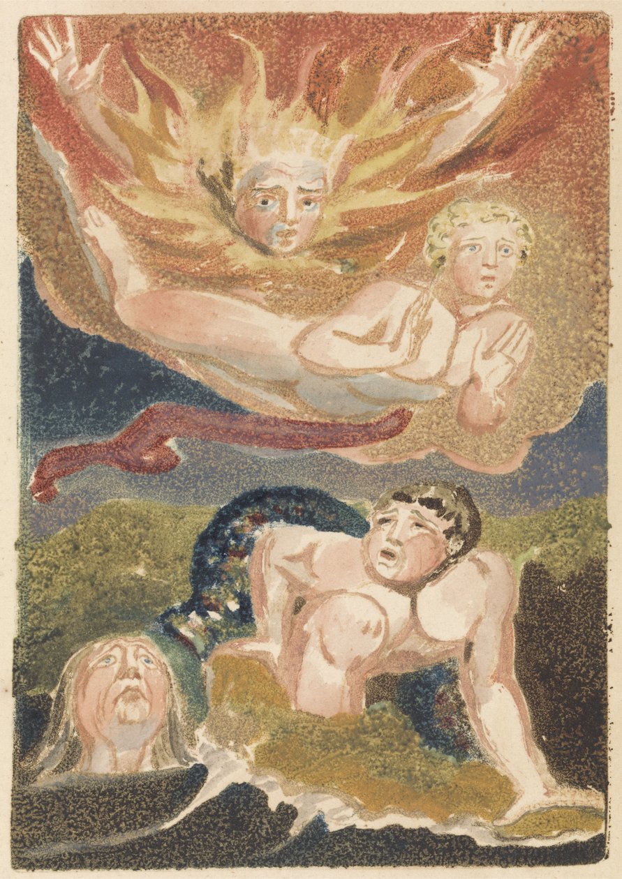 Fyra nakna män som dyker upp ur sina element: lågor, himmel, hav och grön jord, skylt 22 från The First Book of Urizen, 1794 (relief etsning med wc) av William Blake