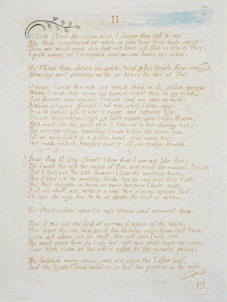 II O Little Cloud..., plåt 5 från The Book of Thel, 1789 (handfärgad reliefetsning med penna & wc på papper) av William Blake