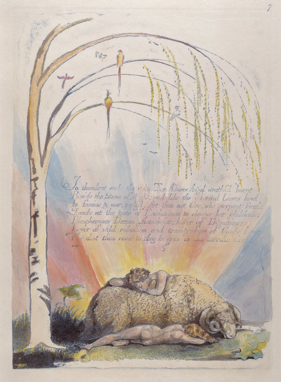 In thunders ends the voice..., skylt 9 från America: A Prophecy, 1793 (reliefetsning tryckt i blått med penna & bläck och wc) av William Blake