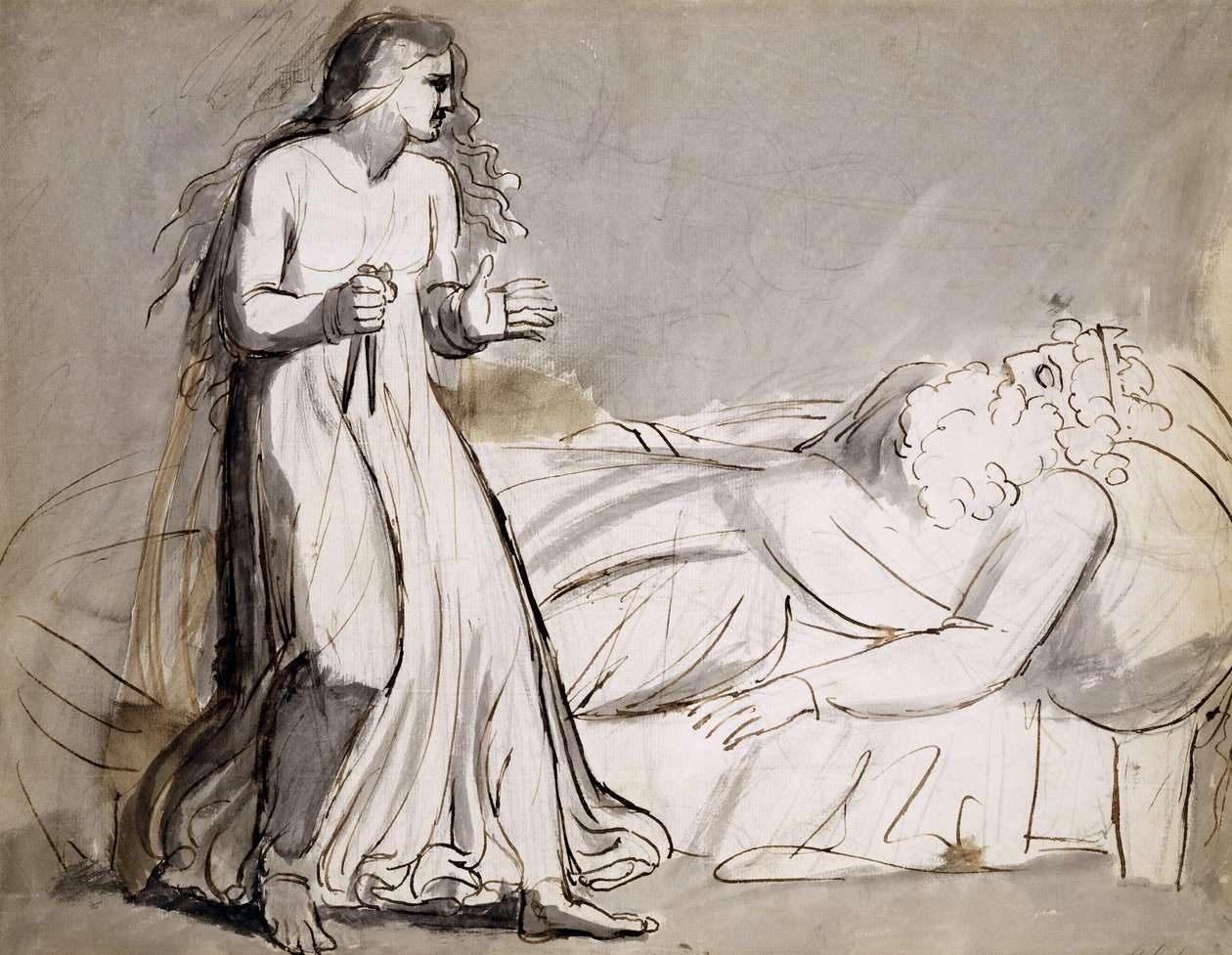 Lady Macbeth närmar sig den mördade Duncan (bläck och tvätt) av William Blake