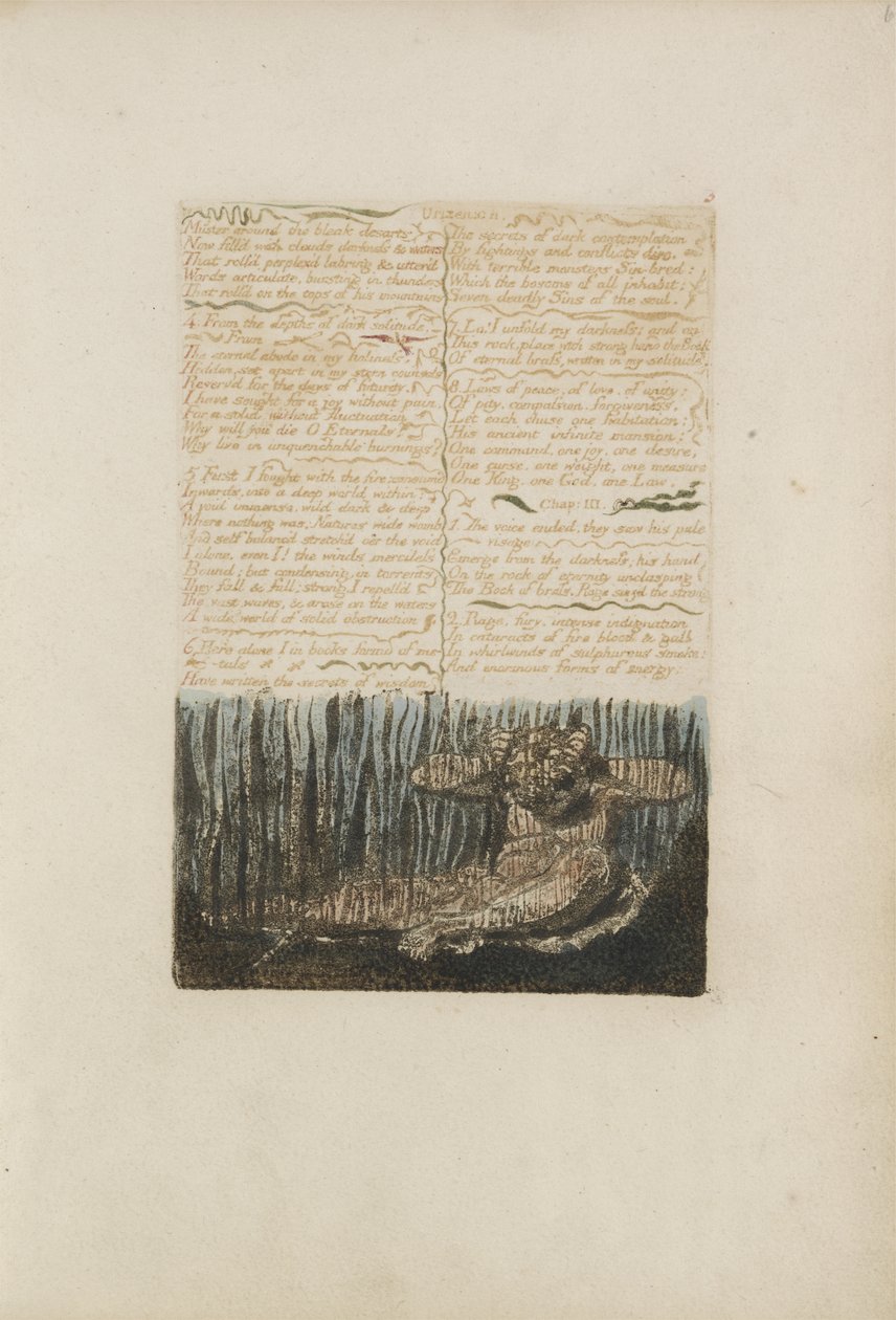 Muster runt de dystra öknarna..., plåt 6 från The First Book of Urizen, 1794 (färgtryckt reliefetsning med bläck och wc) av William Blake