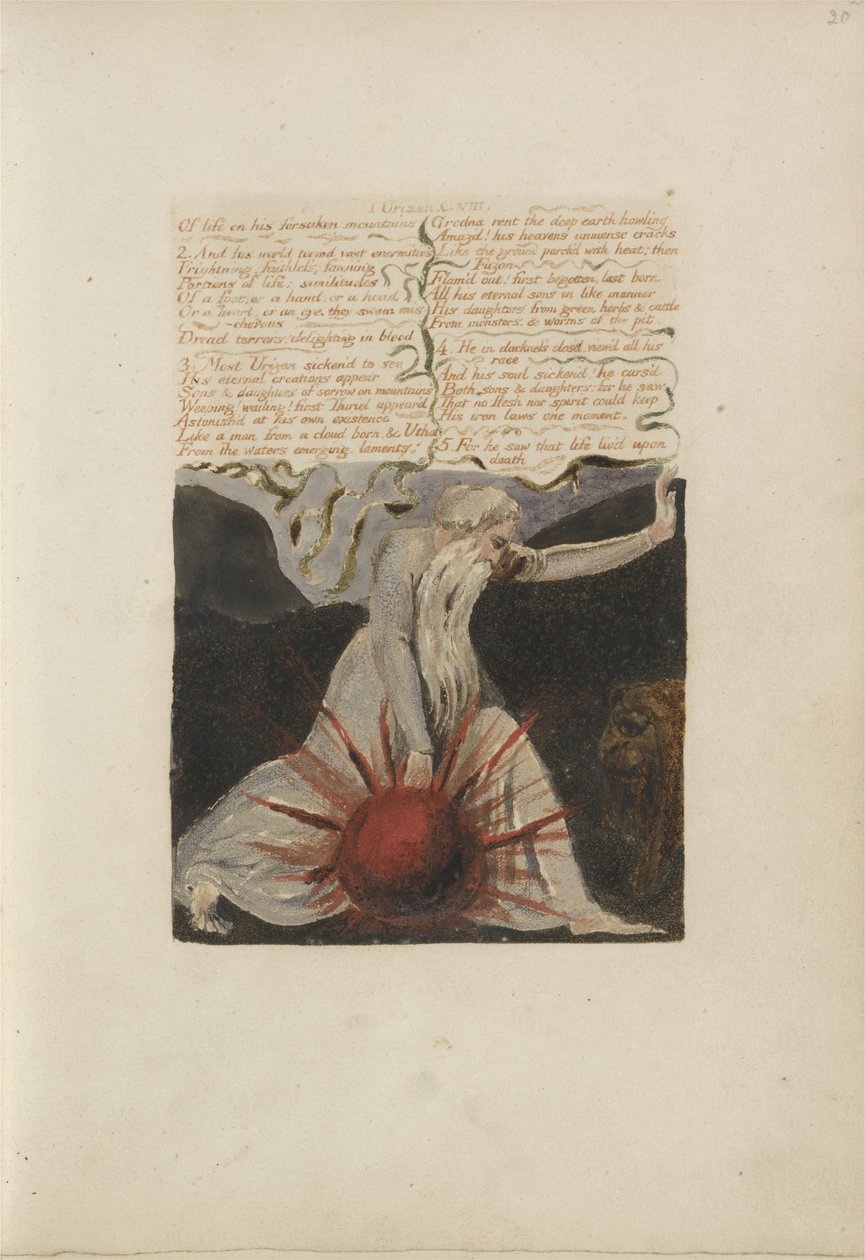 Of life forsaken mountains..., plåt 24 från The First Book of Urizen, 1794 (färgtryckt relief etsning med bläck och wc på papper) av William Blake