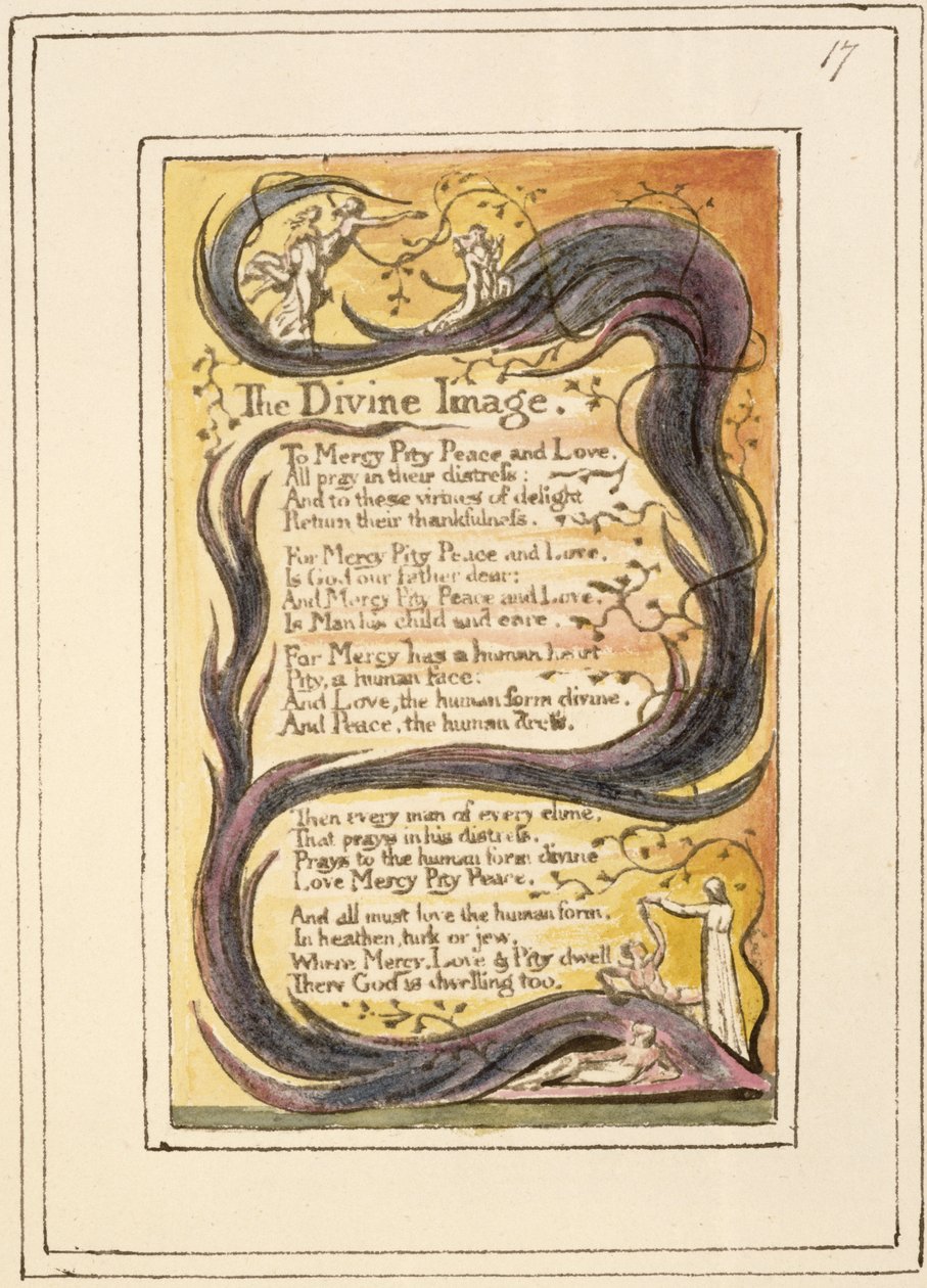 P.124-1950.pt17 Den gudomliga bilden: plåt 17 från Songs of Innocence and of Experience (kopia R) c.1802-08 (etsning, bläck och wc) av William Blake