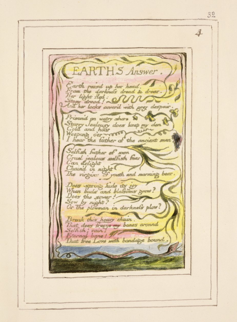 P.124-1950.pt32 Jordens svar: skylt 32 från Songs of Innocence and of Experience (kopia R) c.1802-08 (etsning, bläck och wc) av William Blake