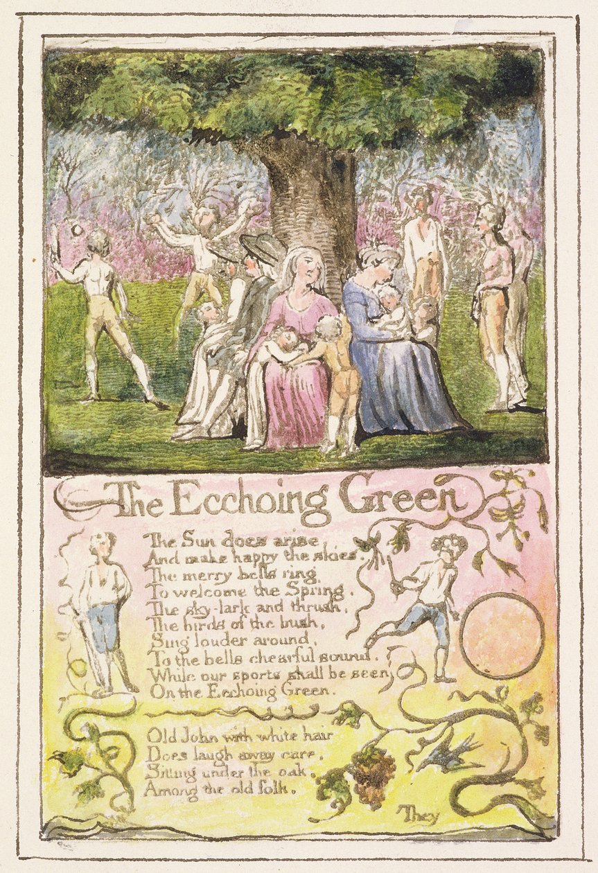 P.124-1950.pt5 The Echoing Green: plåt 5 från Songs of Innocence and of Experience (kopia R) c.1802-08 (etsning, bläck och wc) av William Blake