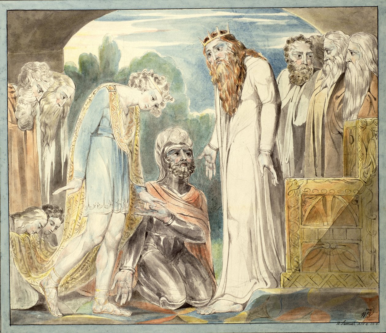 Pardon of Absalom, c.1800-1803 (penna och wc över svart bly på papper) av William Blake