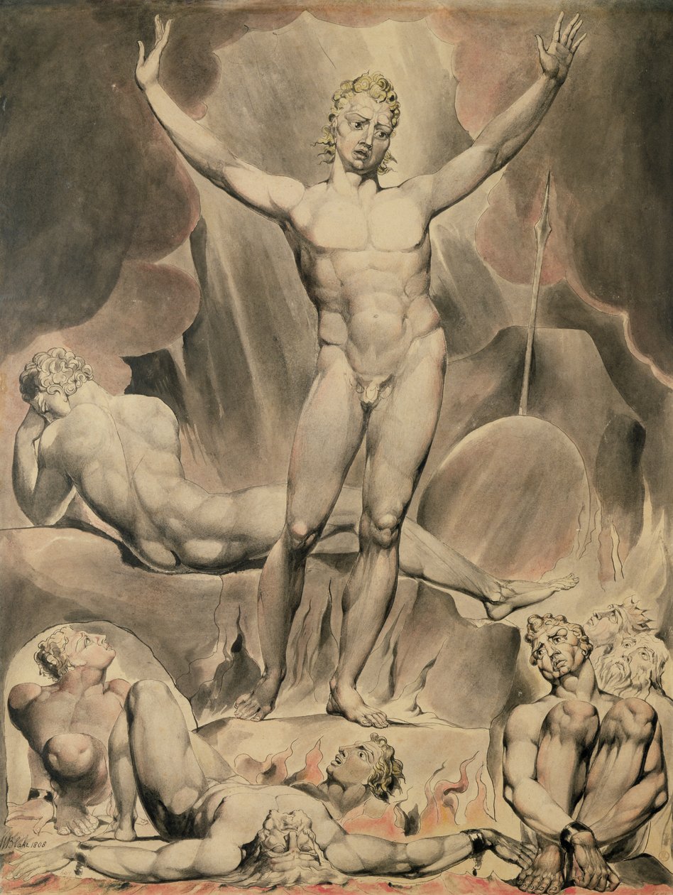 Satan Arousing the Rebel Angels, 1808 (penna och wc) av William Blake