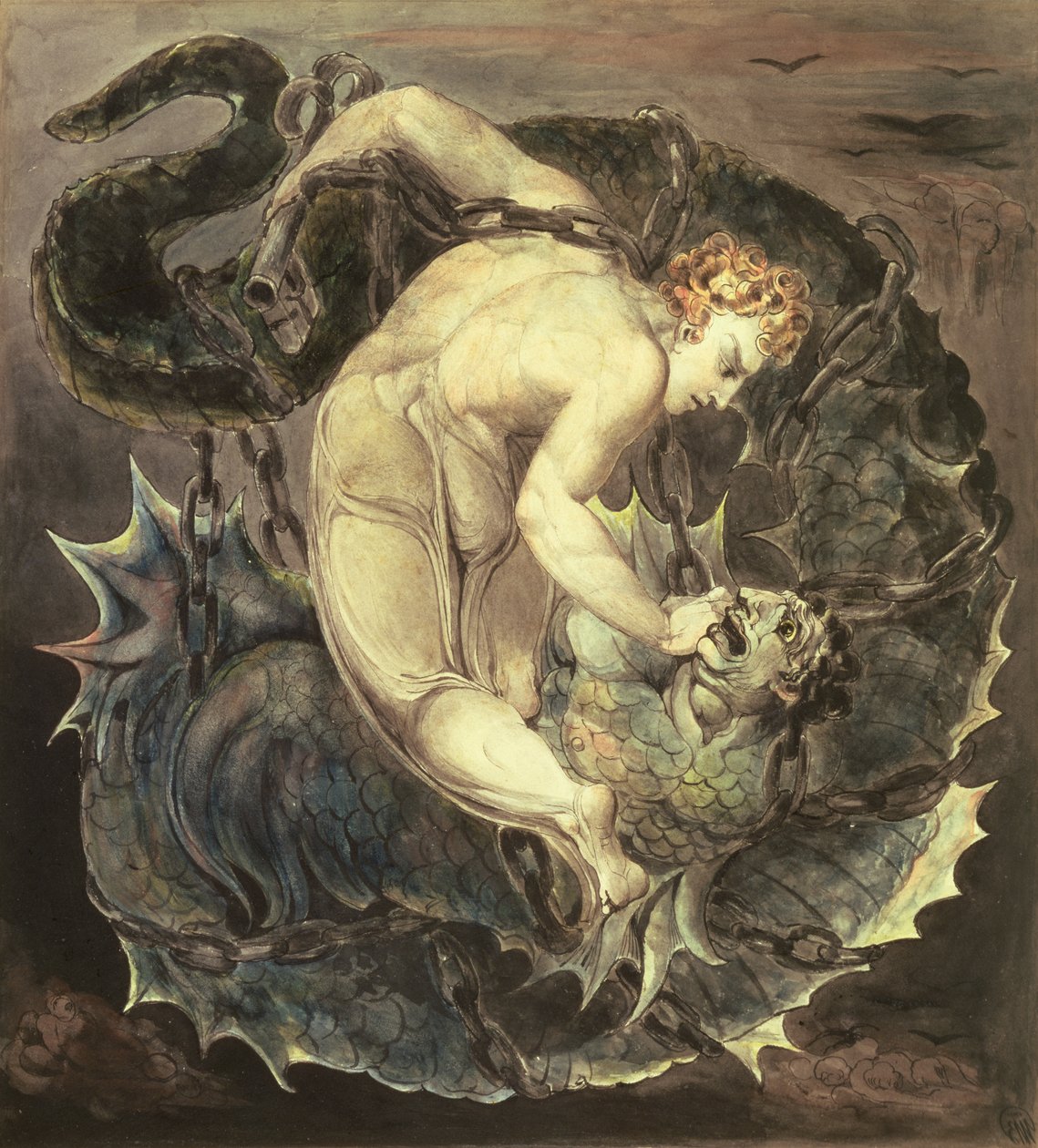Ängeln Michael Binding Satan (`Han kastade honom i den bottenlösa gropen och stänger honom) c.1805 (wc, bläck och grafit på papper) av William Blake