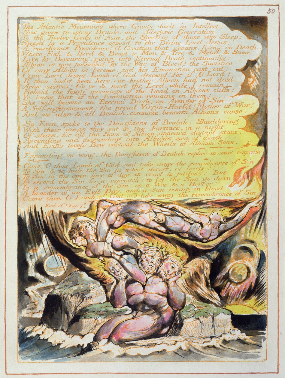 "The Atlantic Mountains...", platta 50 från "Jerusalem", 1804-20 (reliefradering tryckt i orange med penna och wc) av William Blake