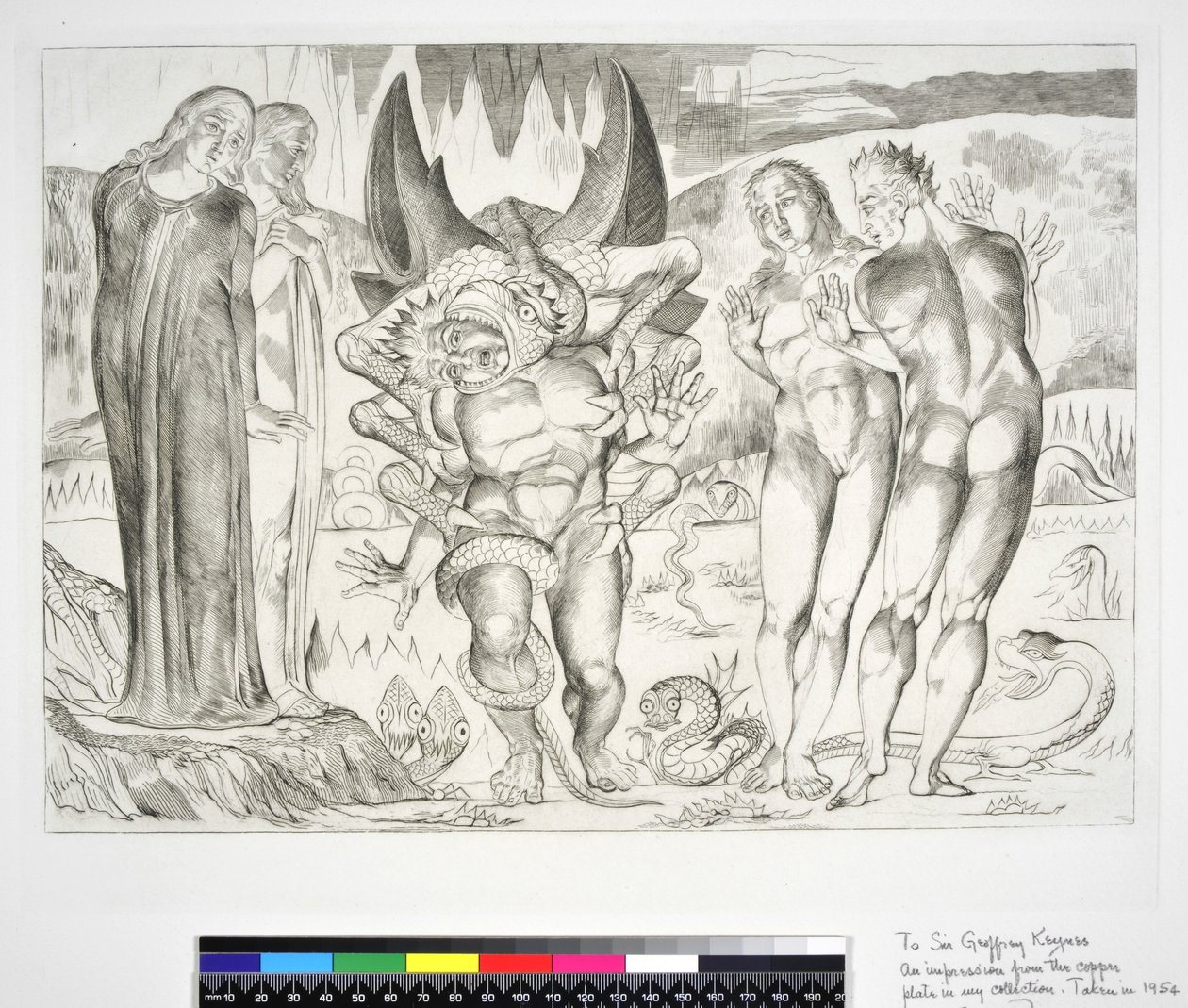Tjuvarnas cirkel: Agnolo Brunelleschi attackerad av en sexfotad ormsinferno, Canto XXV, illustration till "Den gudomliga komedin" av Dante Alighieri, 1954 av William Blake