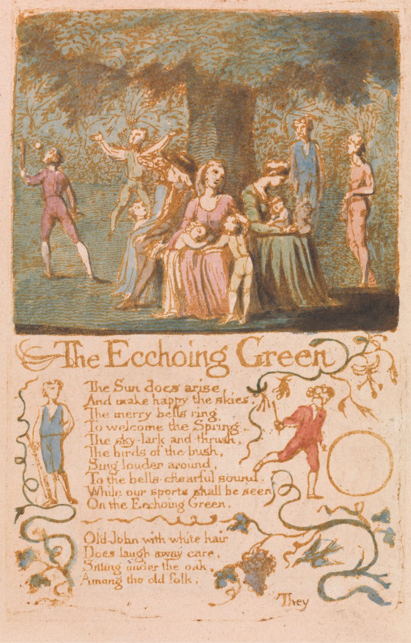 The Echchoing Green, plåt 10 från Songs of Innocence, 1789 (reliefetsning med wc på papper) av William Blake