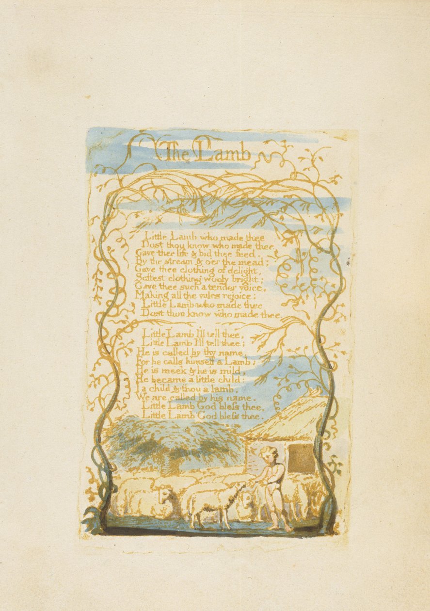 "Lammet", tavla 8 från "Songs of Innocence", 1789 (reliefradering med wc på papper) av William Blake