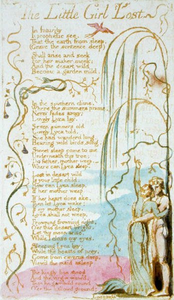 The Little Girl Lost, plåt 5 från Songs of Innocence, 1789 (reliefetsning med wc på papper) av William Blake