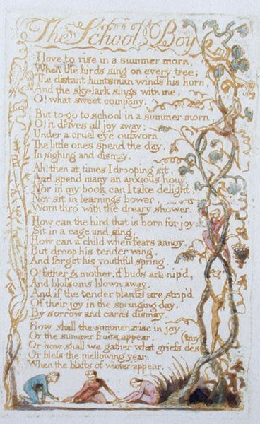 The School Boy, skylt 27 från Songs of Innocence, 1789 (reliefetsning med wc) av William Blake