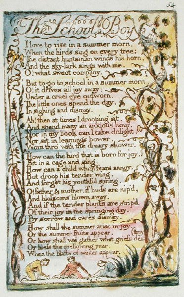 The School Boy, skylt 54 (Bentley 53) från Songs of Innocence and of Experience, (Bentley Copy L) c.1789-94 (reliefetsning med penna och wc) av William Blake