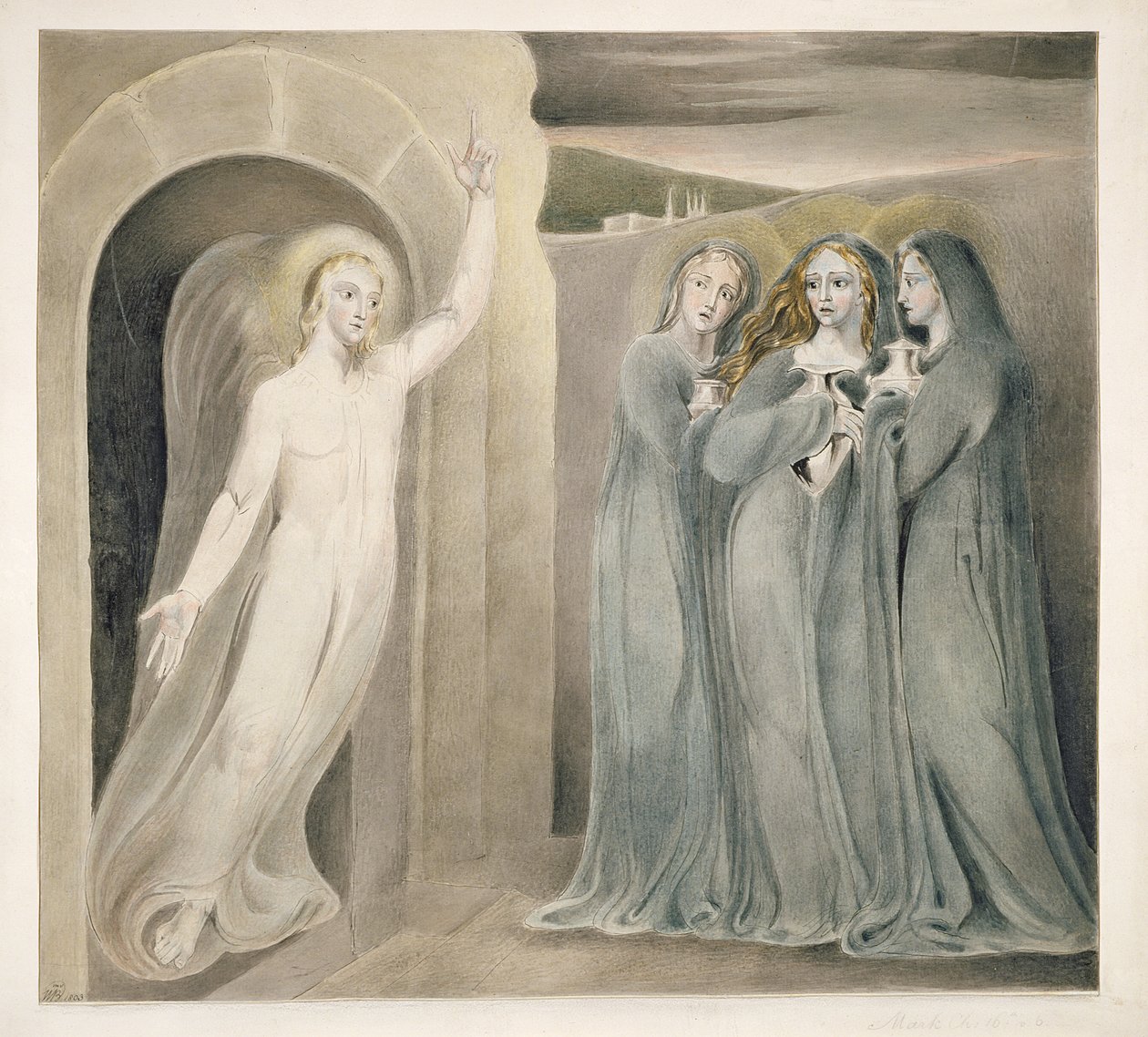The Three Marys at the Sepulchre, ca 1800 (penna och bläck med tvätt och wc på papper) av William Blake