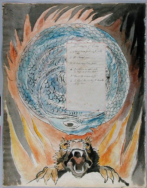 The Triumphs of Owen, design 86 från The Poems of Thomas Gray, 1797-1798 (wc med penna och bläck på papper) av William Blake