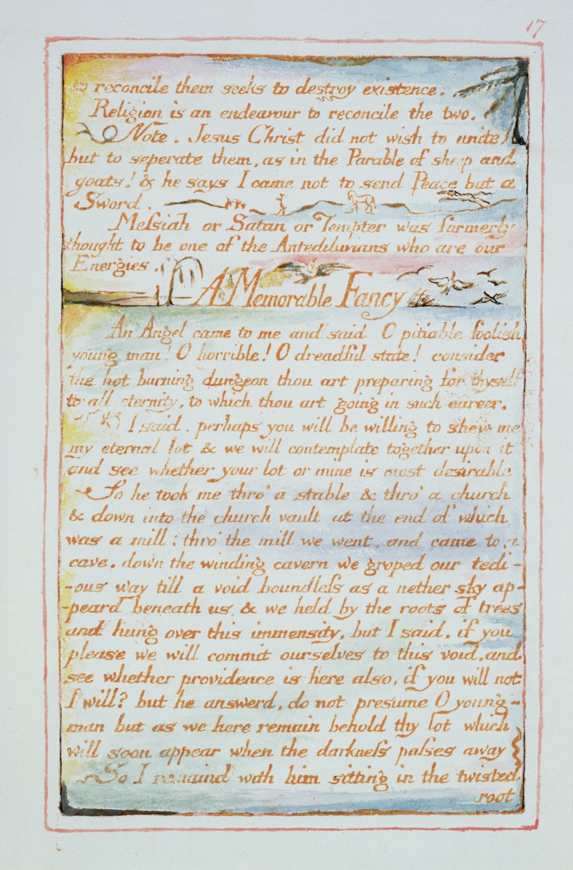 Att försona dem strävar efter att förstöra tillvaron..., text från The Marriage of Heaven and Hell, c.1790-3 (reliefetsning färdig i penna och wc) av William Blake