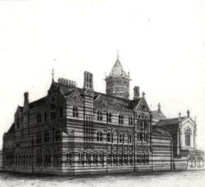 New Schools, Rugby - View from the North West, 1867-84 (akvarell och penna på papper) av William Butterfield