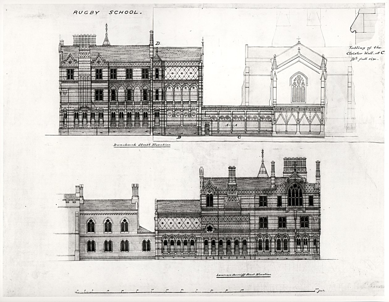 West and North Elevations, New School, Rugby School, 1867 (svart bläck, penna och wc) av William Butterfield