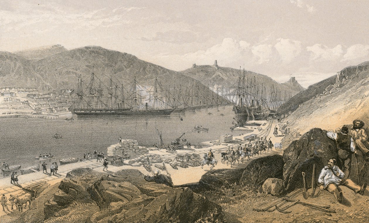 Balaklava som visar tillståndet för kajerna och sjöfarten, i maj 1855 av William Crimea Simpson