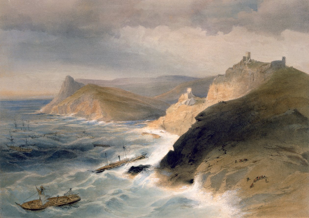 Kuling utanför hamnen i Balaklava, 14 november 1854, tallrik från "The Seat of War in the East", pub. av Paul und Dominic Colnaghi und Co., 1856 av William Crimea Simpson