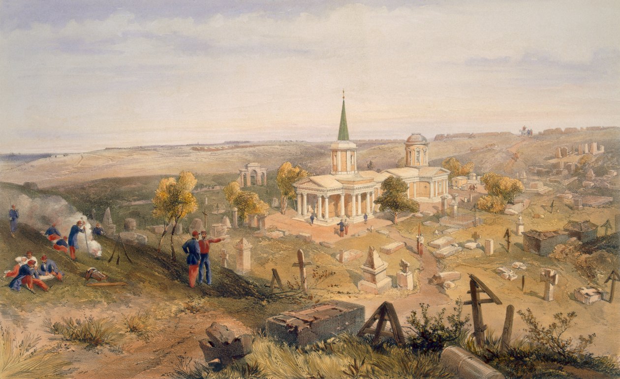 Quarantine Cemetery and Church, platta från "The Seat of War in the East", utgiven av Paul und Dominic Colnaghi und Co. 1856. av William Crimea Simpson