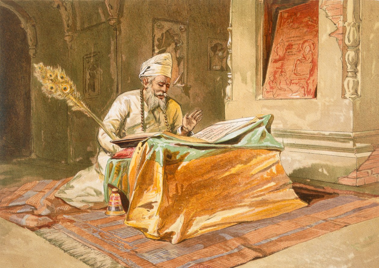 Sikhpräst som läser grunth, Umritsar, från "India Ancient and Modern", 1867. av William Crimea Simpson