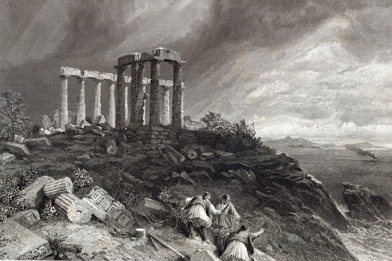 Temple of Minerva Sunium, graverad av J. Saddler av William Crimea Simpson