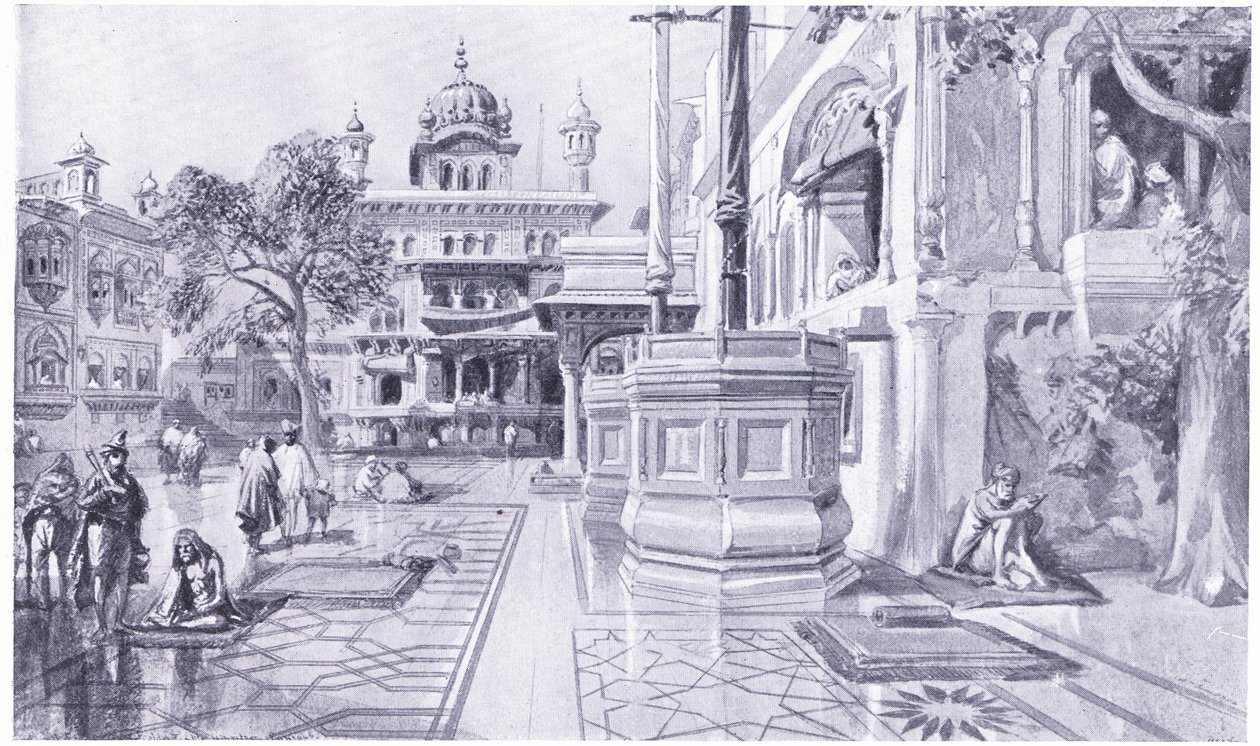 Akal Bunga vid det gyllene templet i Amritsar, 1864 e.Kr av William Crimea Simpson