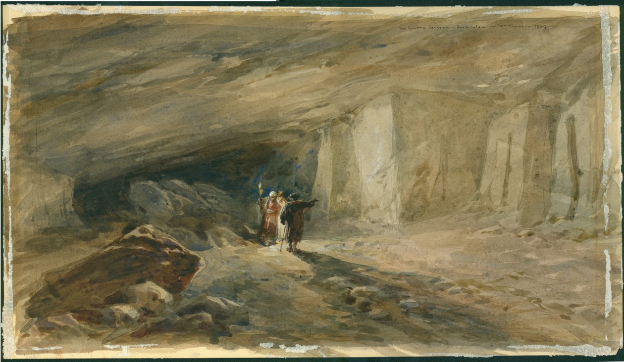 Stenbrottsgrottorna, Jerusalem, 1869 (wc och blyerts på papper) av William Crimea Simpson