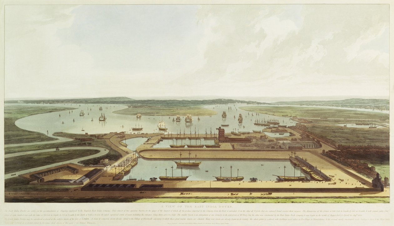 New Dock, Wapping, 1808 (handkolorerad akvatint) av William Daniell