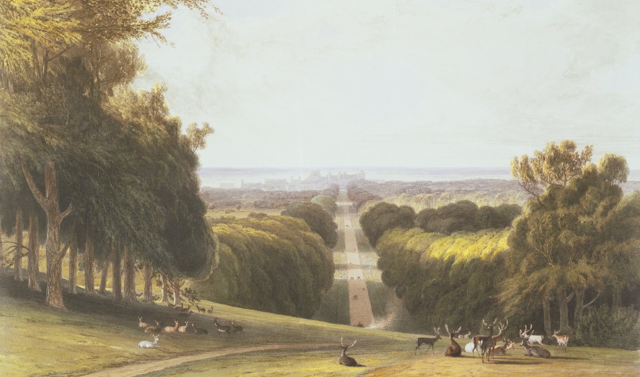 The Long Walk, Windsor Park, från en sammanställning av vyer över Windsor, Eton och Virginia Water, ca 1827-30 av William Daniell