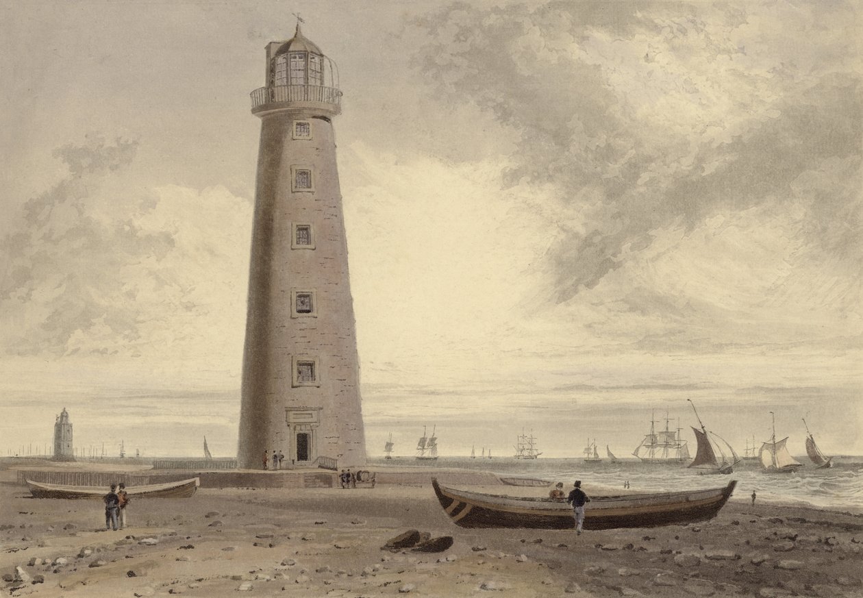 The Orford Ness Lighthouses, Suffolk (akvatint) av William Daniell